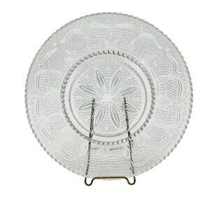 Vintage Clear Glass Plate Intricate Floral and Dot Pattern 9.5" Dia Decorative